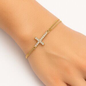 925 Sterling Vermeil Dainty Sideways Cross Bracelet Adjustable Double Chain